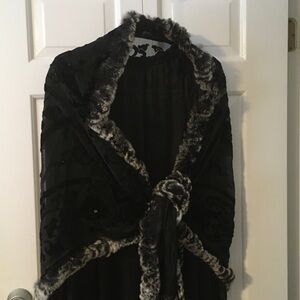 Elegant Black velvet burnout rabbit Fur Trimmed Shawl